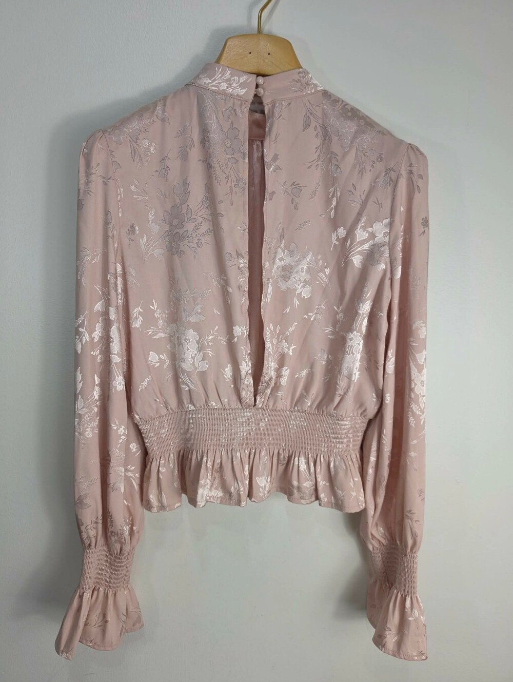 Forever 21 Blush Pink Metallic Floral High-Neck Smocked Peplum Top - Picture 4 of 8